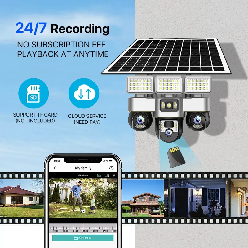 VTS30A V380 Outdoor Security Camera Solar Powered Night Vision  3 LED Lights Surveillance System - WiFi Version  /  US Plug