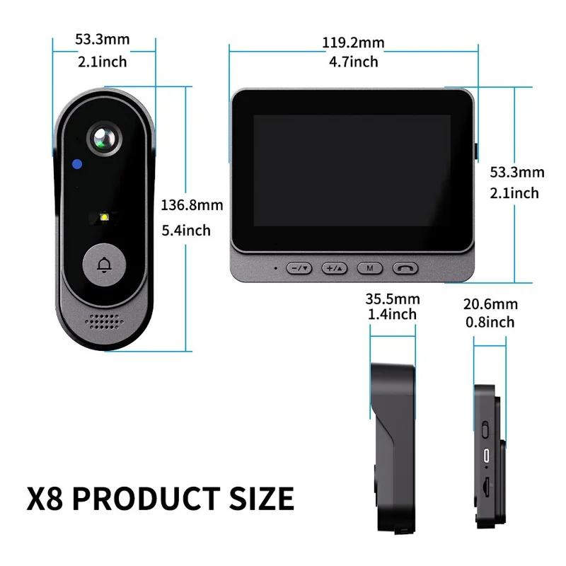 X8 Waterproof Video Doorbell 4.3 inch Indoor Screen Wireless Home Security Intercom HD Camera Two-Way Audio