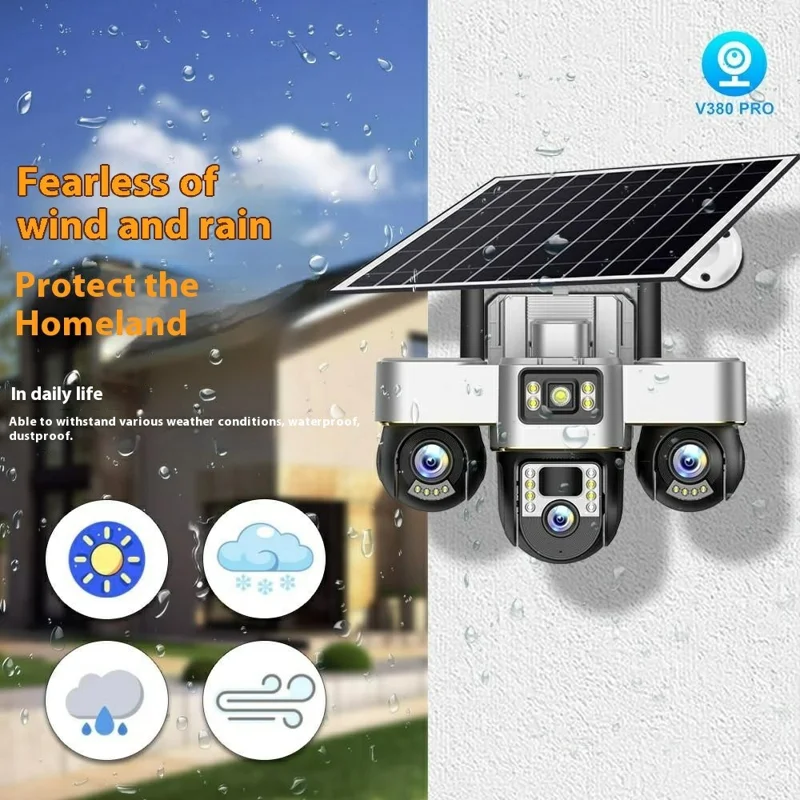 VTS30 v380pro Solar Powered Triple Lens Security Camera Smartphone Controlled Surveillance System - WiFi / US Plug