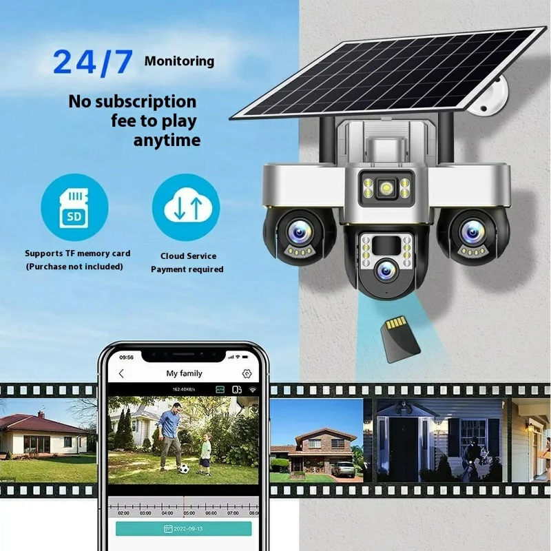VTS30 v380pro Solar Powered Triple Lens Security Camera Smartphone Controlled Surveillance System - WiFi / US Plug