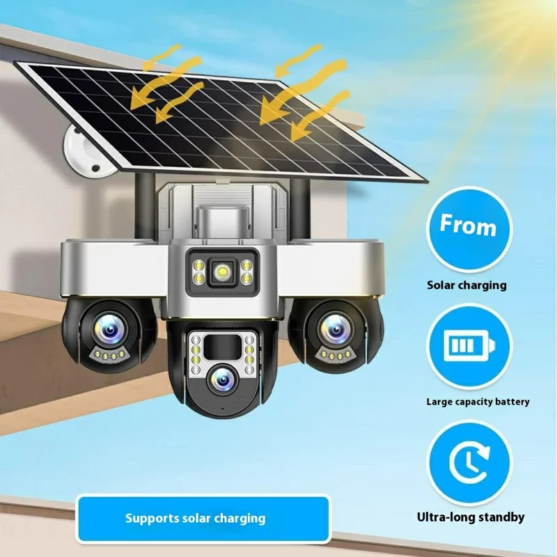 VTS30 v380pro Solar Powered Triple Lens Security Camera Smartphone Controlled Surveillance System - 4G Version