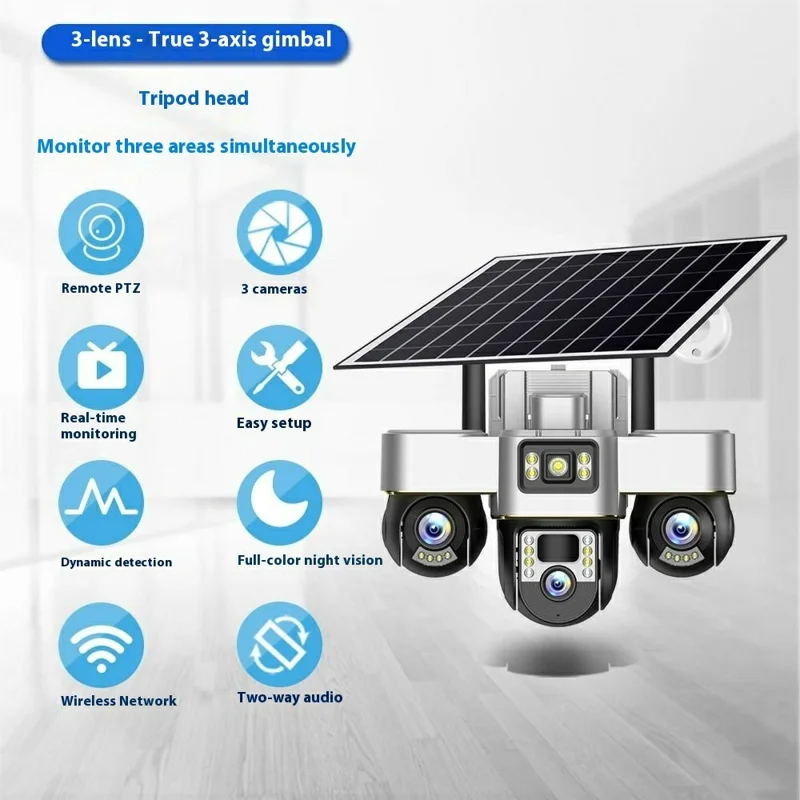 VTS30 v380pro Solar Powered Triple Lens Security Camera Smartphone Controlled Surveillance System - 4G Version