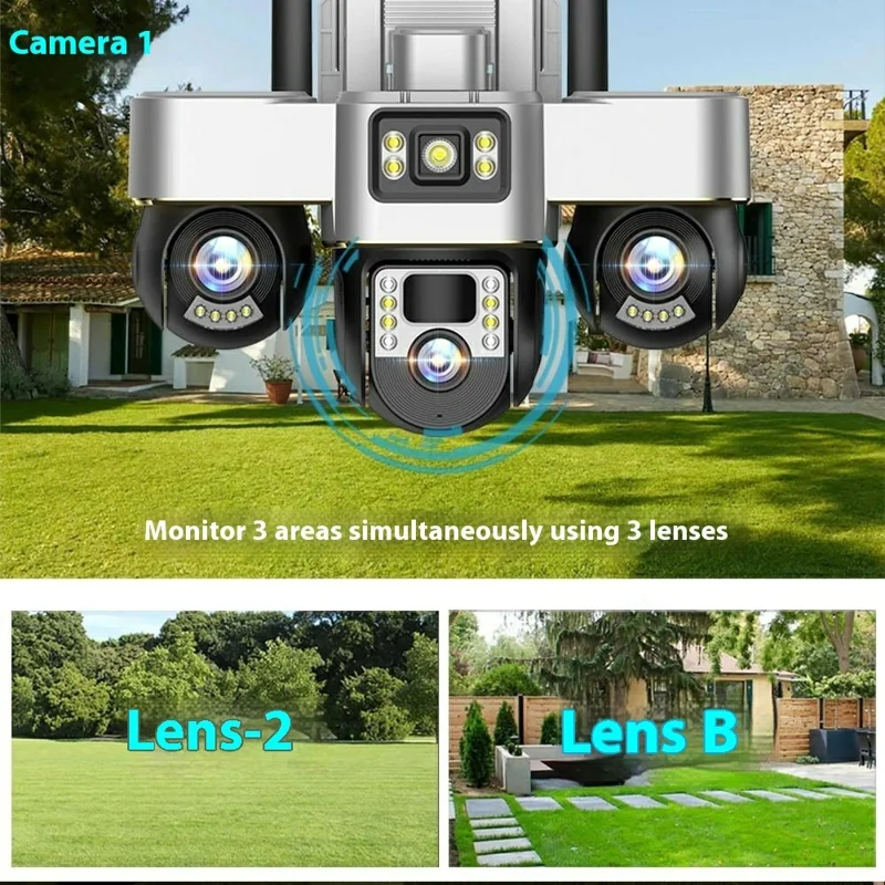 VTS30 v380pro Solar Powered Triple Lens Security Camera Smartphone Controlled Surveillance System - 4G Version