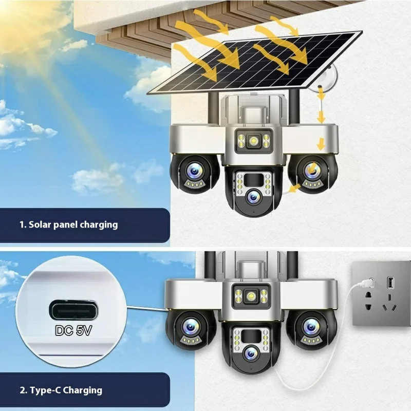 VTS30 v380pro Solar Powered Triple Lens Security Camera Smartphone Controlled Surveillance System - 4G Version