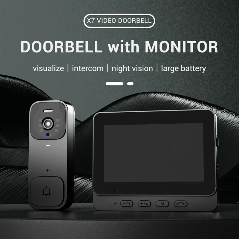 X7 Smart Video Doorbell Camera Wireless Intercom HD Monitor with Display Screen Home Security System - Black