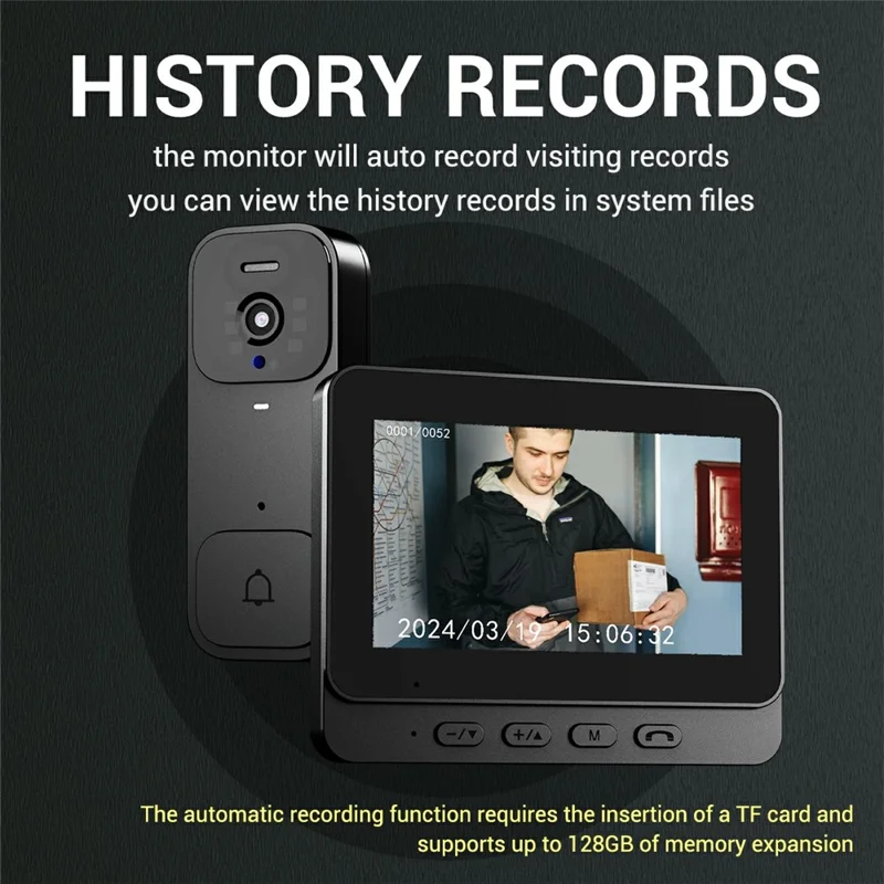 X7 Smart Video Doorbell Camera with 64G Memory Card Wireless Intercom HD Monitor with Display Screen Home Security System - Black