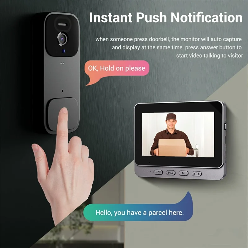 X7 Smart Video Doorbell Camera with 64G Memory Card Wireless Intercom HD Monitor with Display Screen Home Security System - Black