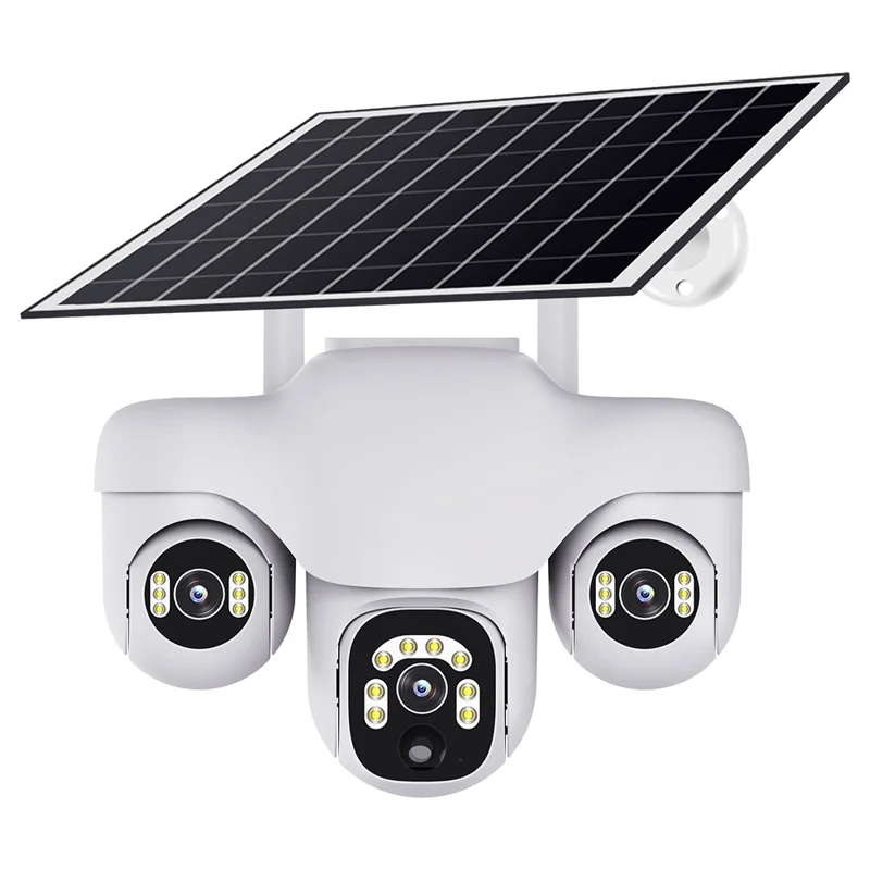VTS31 V380 Outdoor Security Low Power Solar Powered PTZ Camera 3 Rotating Lens Motion Detection Camera - WiFi / US Plug
