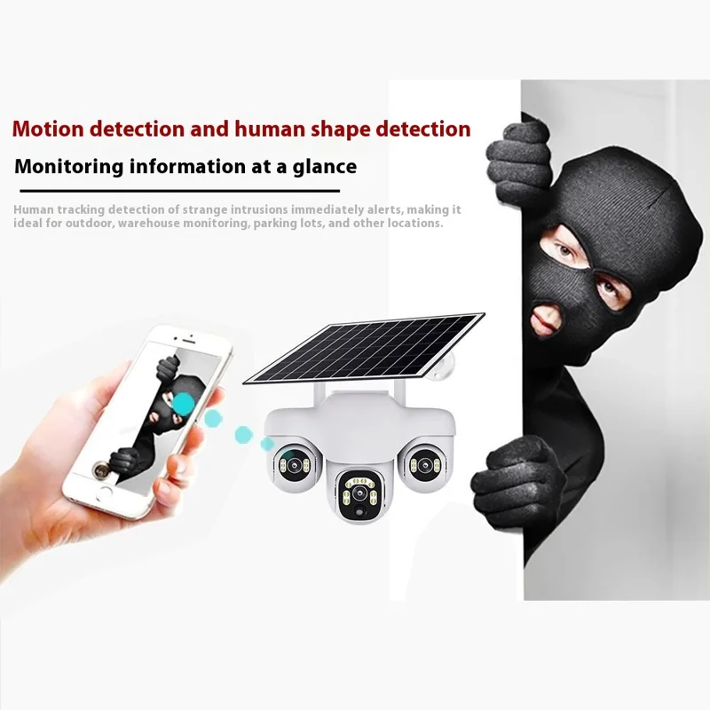 VTS31 V380 Outdoor Security Low Power Solar Powered PTZ Camera 3 Rotating Lens Motion Detection Camera - WiFi / US Plug