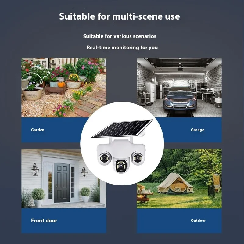 VTS31 V380 Outdoor Security Low Power Solar Powered PTZ Camera 3 Rotating Lens Motion Detection Camera - WiFi / US Plug
