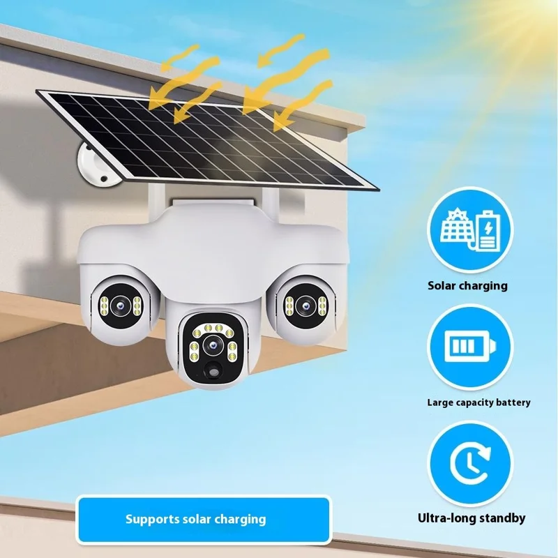 VTS31 V380 Outdoor Security Low Power Solar Powered PTZ Camera 3 Rotating Lens Motion Detection Camera - WiFi / US Plug