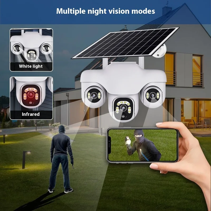 VTS31 V380 Outdoor Security Low Power Solar Powered PTZ Camera 3 Rotating Lens Motion Detection Camera - WiFi / US Plug