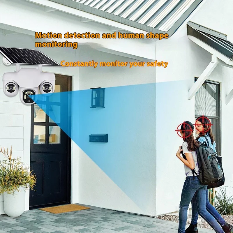 VTS31 V380 Outdoor Security Low Power Solar Powered PTZ Camera 3 Rotating Lens Motion Detection Camera - WiFi / US Plug