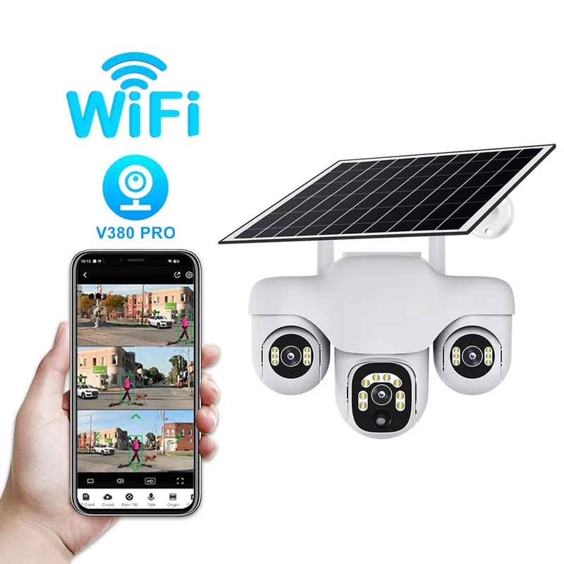 VTS31 V380 Outdoor Security Low Power Solar Powered PTZ Camera 3 Rotating Lens Motion Detection Camera - WiFi / US Plug
