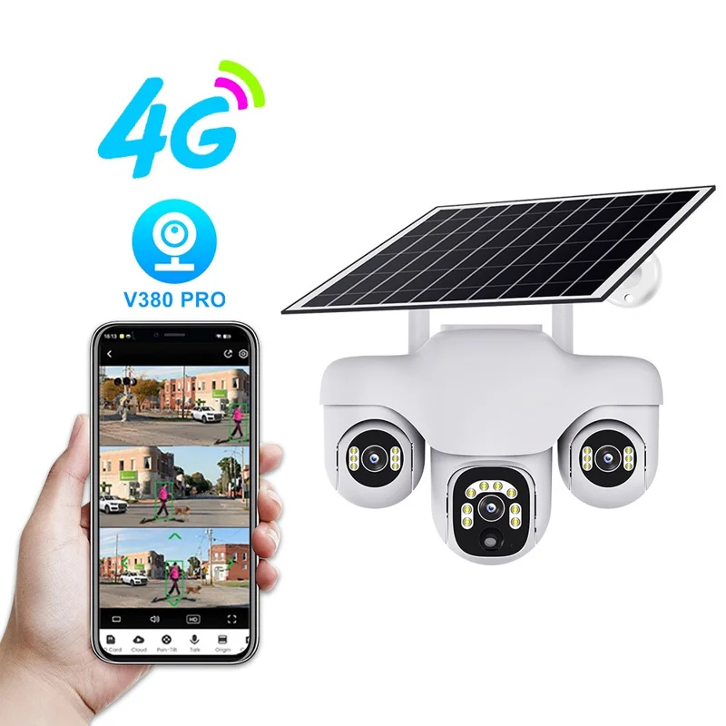 VTS31 V380 Outdoor Security Low Power Solar Powered PTZ Camera 3 Rotating Lens Motion Detection Camera - WiFi / US Plug