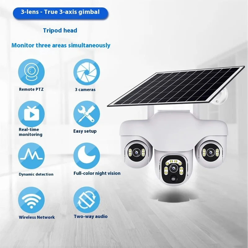 VTS31 V380 Outdoor Security Low Power Solar Powered PTZ Camera 3 Rotating Lens Motion Detection Camera - WiFi / US Plug
