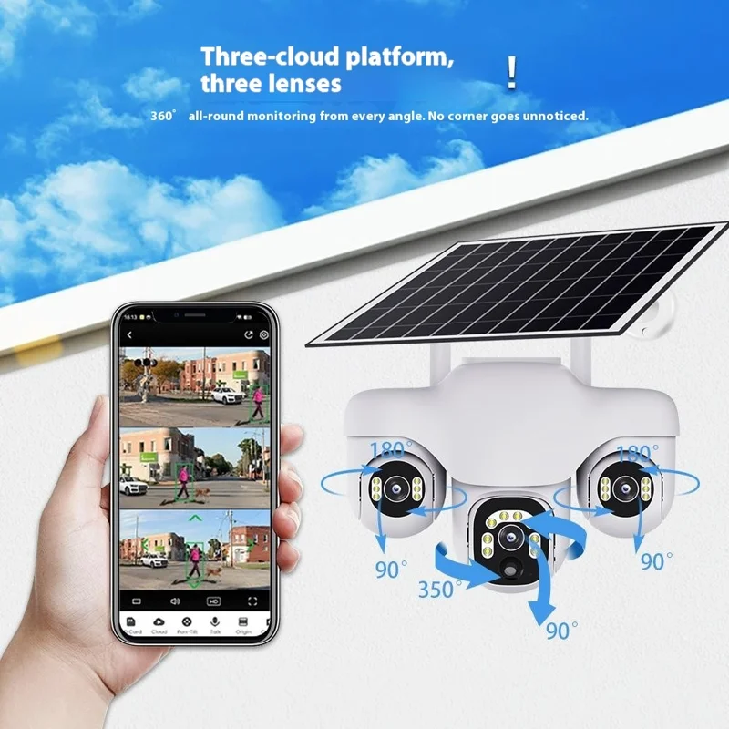 VTS31 V380 Outdoor Security Low Power Solar Powered PTZ Camera 3 Rotating Lens Motion Detection Camera - WiFi / US Plug