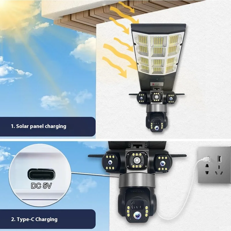 LD002 V380 Outdoor Solar Security Camera with Street Light 3 Screens Wireless Monitoring System - WiFi / US Plug