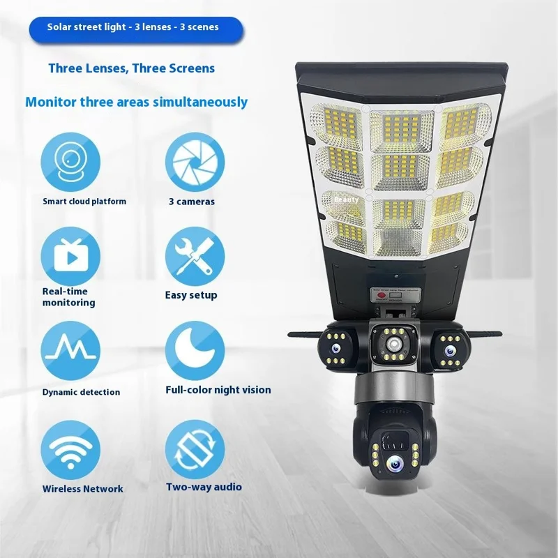 LD002 V380 Outdoor Solar Security Camera with Street Light 3 Screens Wireless Monitoring System - WiFi / US Plug