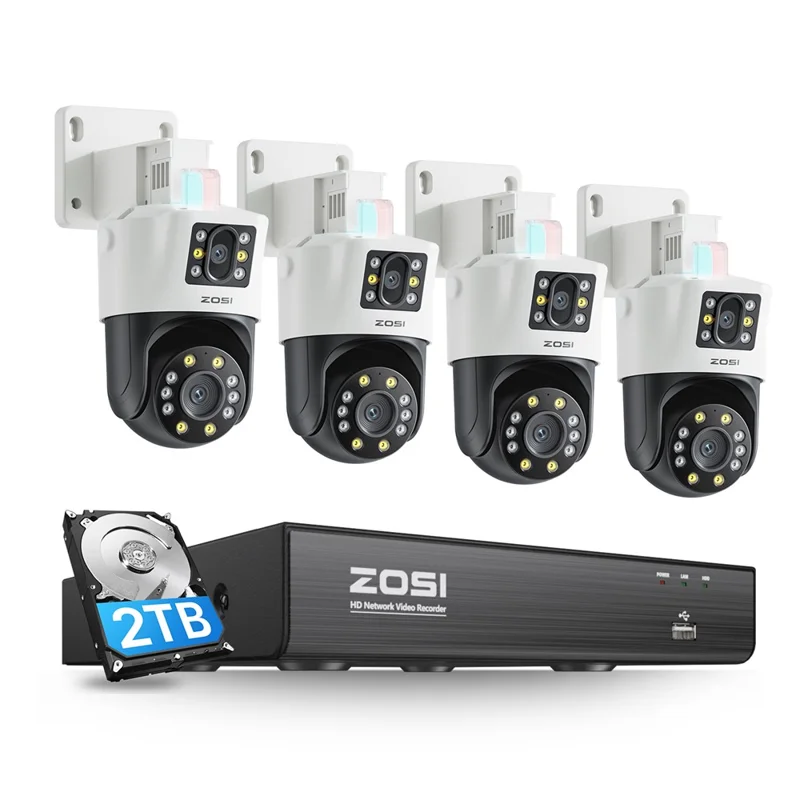 ZOSI C298 4K Двойной объектив PoE Система камер видеонаблюдения 4 x 8МП Камеры с обнаружением людей и транспортных средств 8-канальный NVR с жестким диском 2ТБ - Вилка США