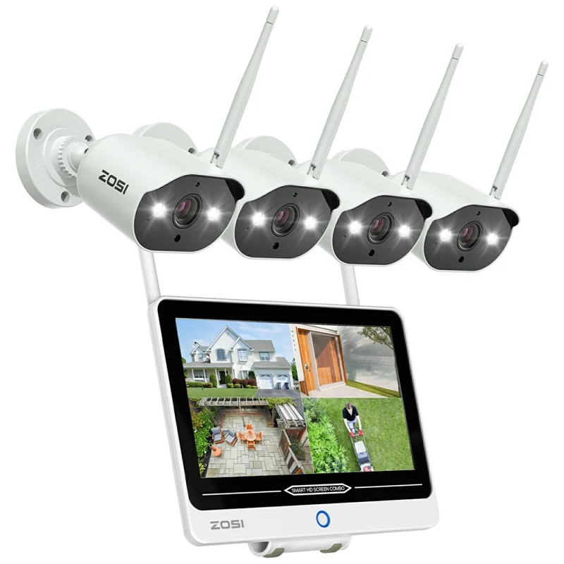 ZOSI 8CH 2K C302 Sistema di Sicurezza Domestico con Telecamere Wi-Fi 6 Rilevamento AI Umano Visione Notturna a Colori Monitor da 12 Pollici + 4 Telecamere da 3MP - Spina USA