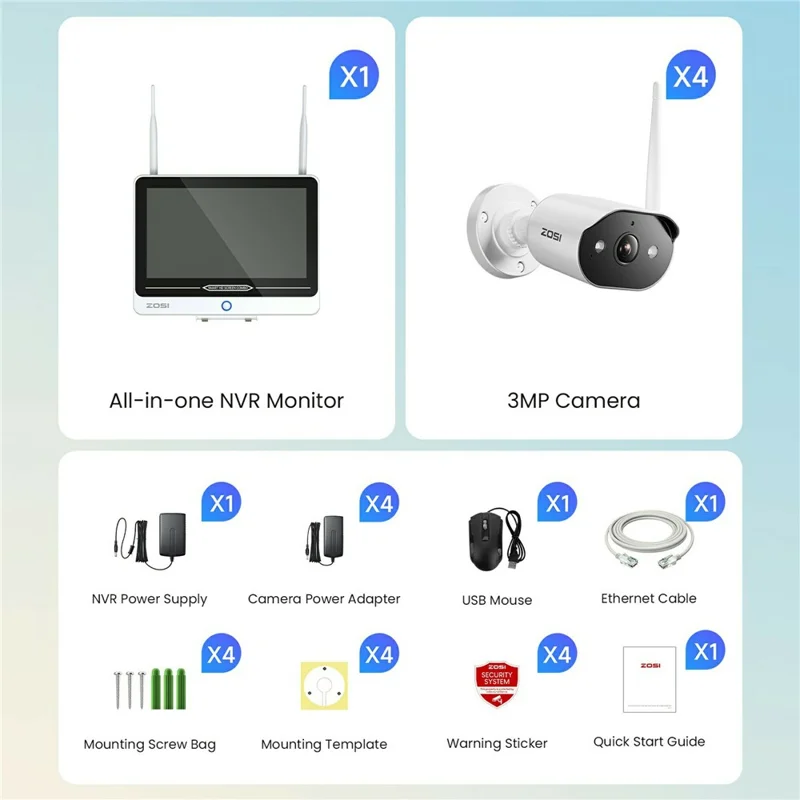 ZOSI 8CH 2K C302 Sistema di Sicurezza Domestico con Telecamere Wi-Fi 6 Rilevamento AI Umano Visione Notturna a Colori Monitor da 12 Pollici + 4 Telecamere da 3MP - Spina USA