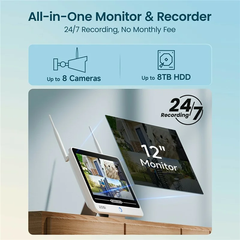 ZOSI 8CH 2K C302 Sistema di Sicurezza Domestico con Telecamere Wi-Fi 6 Rilevamento AI Umano Visione Notturna a Colori Monitor da 12 Pollici + 4 Telecamere da 3MP - Spina USA