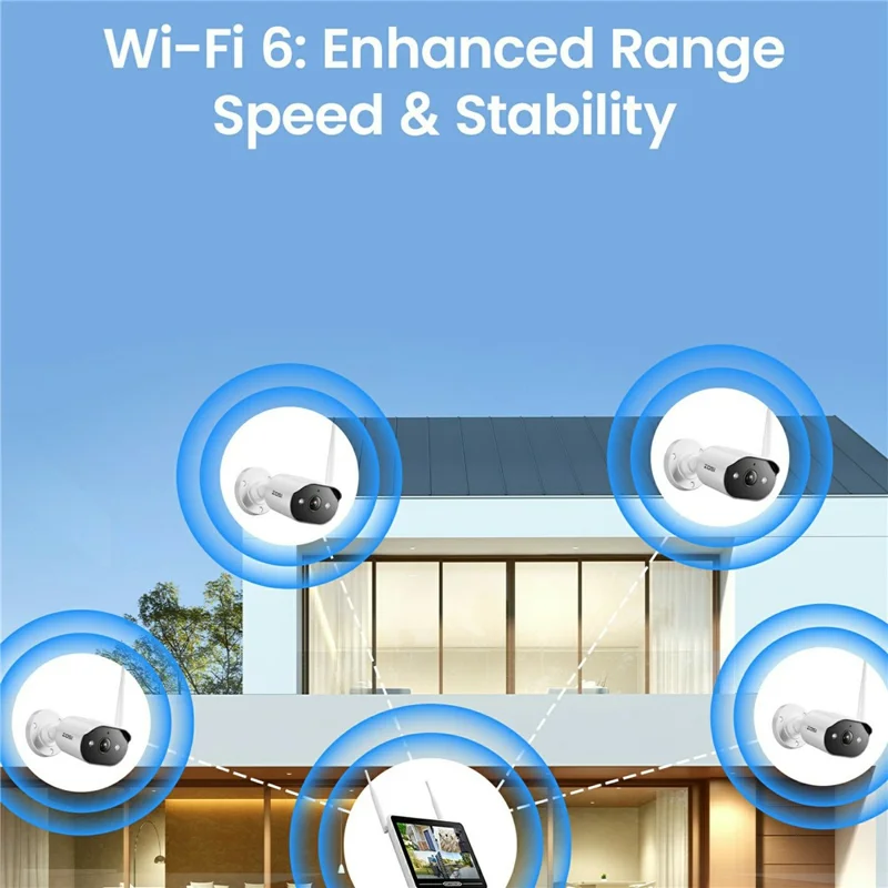 ZOSI 8CH 2K C302 Sistema di Sicurezza Domestico con Telecamere Wi-Fi 6 Rilevamento AI Umano Visione Notturna a Colori Monitor da 12 Pollici + 4 Telecamere da 3MP - Spina USA