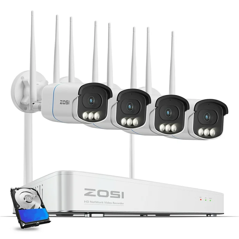 ZOSI 4K C186D Sistema de Câmeras de Segurança WiFi 6 Aurora Lux Visão Noturna Colorida Completa Detecção por IA 4 Câmeras + NVR de 8 Canais 8MP com HD de 1TB - Plugue dos EUA