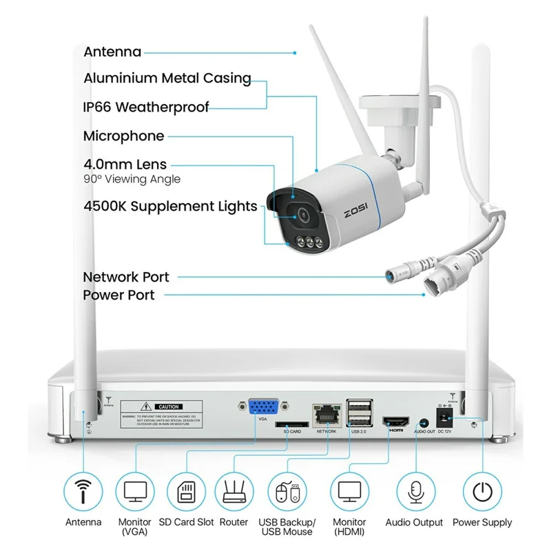 ZOSI 4K C186D Sistema de Câmeras de Segurança WiFi 6 Aurora Lux Visão Noturna Colorida Completa Detecção por IA 4 Câmeras + NVR de 8 Canais 8MP com HD de 1TB - Plugue dos EUA