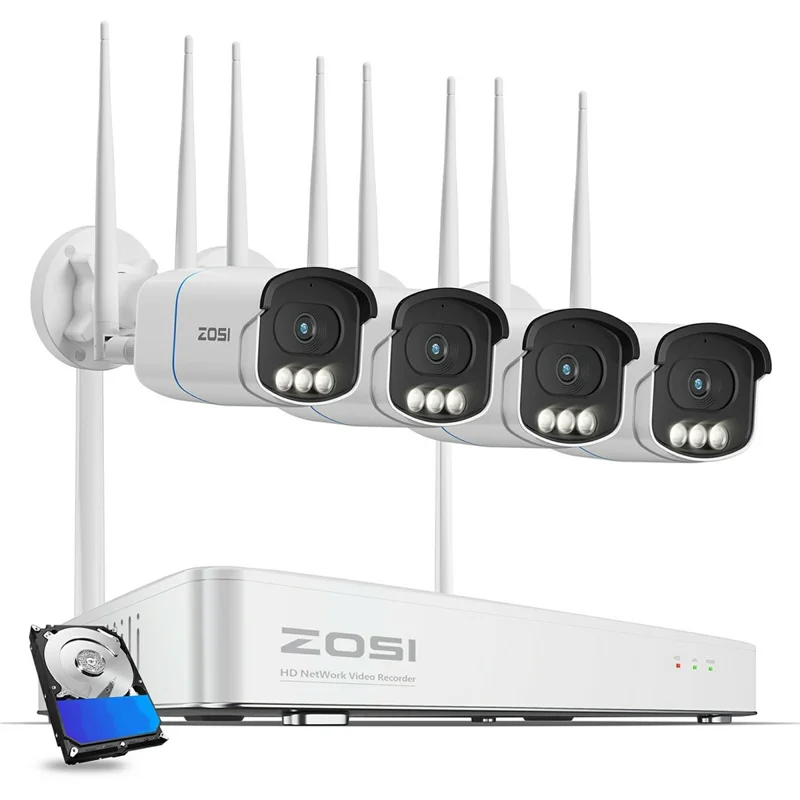 ZOSI 5MP C186D WiFi 6 Security Camera System 24 / 7 Recording Full Color Night Vision AI Detection 4Pcs Camera + 8CH 4K NVR with 1TB HDD - US Plug