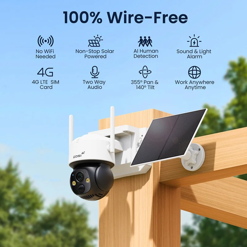 ZOSI 4G C291 LTE Cellular Security Camera 2K Solar Outdoor Wireless Real-Time View Color Night Vision Camera - EU Plug