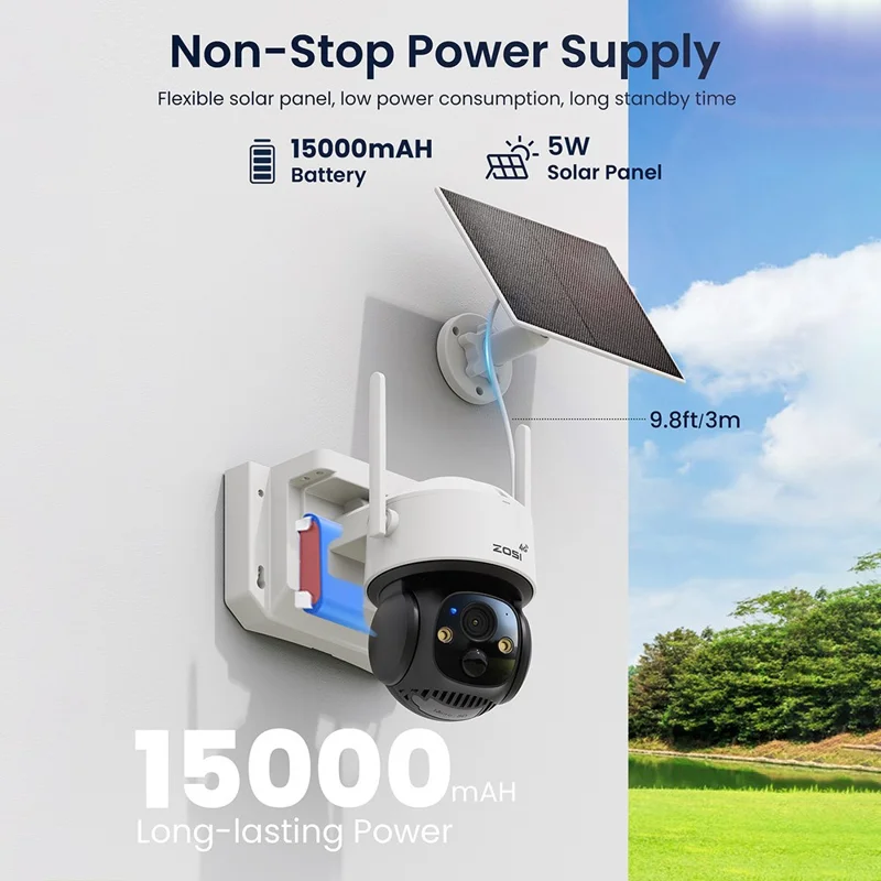 ZOSI 4G C291 LTE Cellular Security Camera 2K Solar Outdoor Wireless Real-Time View Color Night Vision Camera - EU Plug