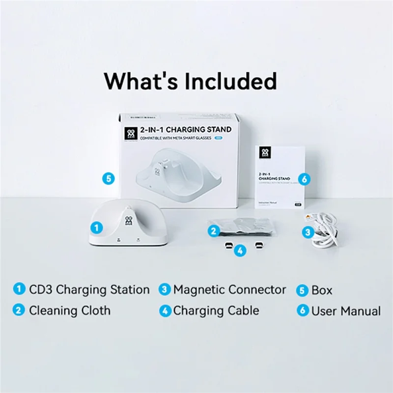 قاعدة شحن مغناطيسية AMVR CD3 2 في 1 بدون محول، شاحن سريع للنظارات الذكية Ray-Ban Meta AI الجيل 1 والجيل 2
