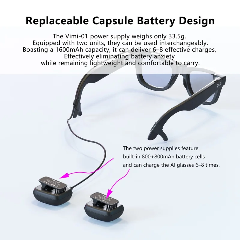 FIIT VR Vimi-01 Dual Battery Pack per Ray-Ban / Meta AI Occhiali Batteria Estesa Power Bank Caricatore Portatile