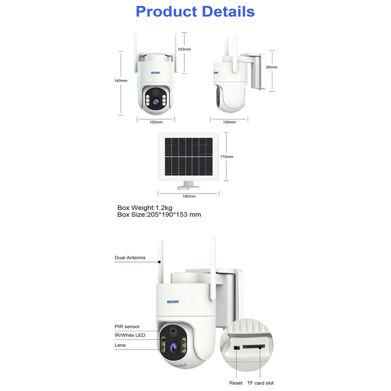 ESCAM QFS71 3MP Wireless Solar Security Camera PIR Alarm Two-Way Audio Night Vision Camera with 4G Virtual SIM Card