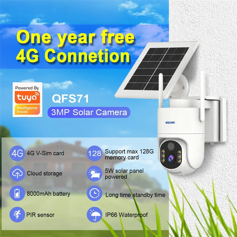 ESCAM QFS71 3MP Wireless Solar Security Camera PIR Alarm Two-Way Audio Night Vision Camera with 4G Virtual SIM Card