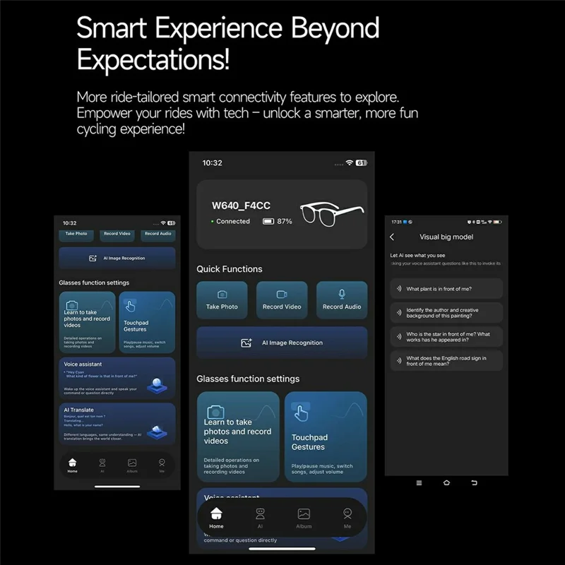 W640 8MP Camera Multi-function AI Real Time Translation Smart Glasses ENC Noise Reduction Hands-free Calling Eyeglasses - Black Frame+Black Lens