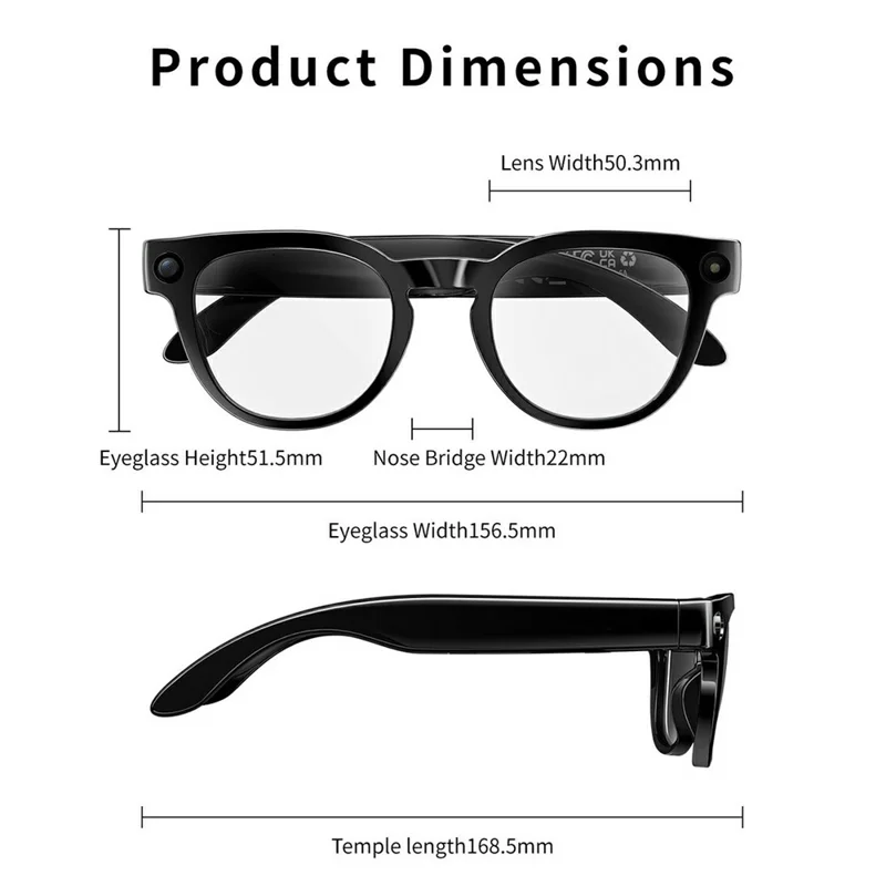 MT3 8MP Camera Smart Glasses IP65 Waterproof AI Translation Glasses Noise Reduction Hands-free Calling Eyewear - Black+Glossy