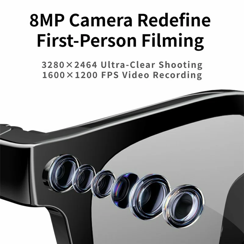 MT3 8MP Camera Smart Glasses IP65 Waterproof AI Translation Glasses Noise Reduction Hands-free Calling Eyewear - Black+Glossy