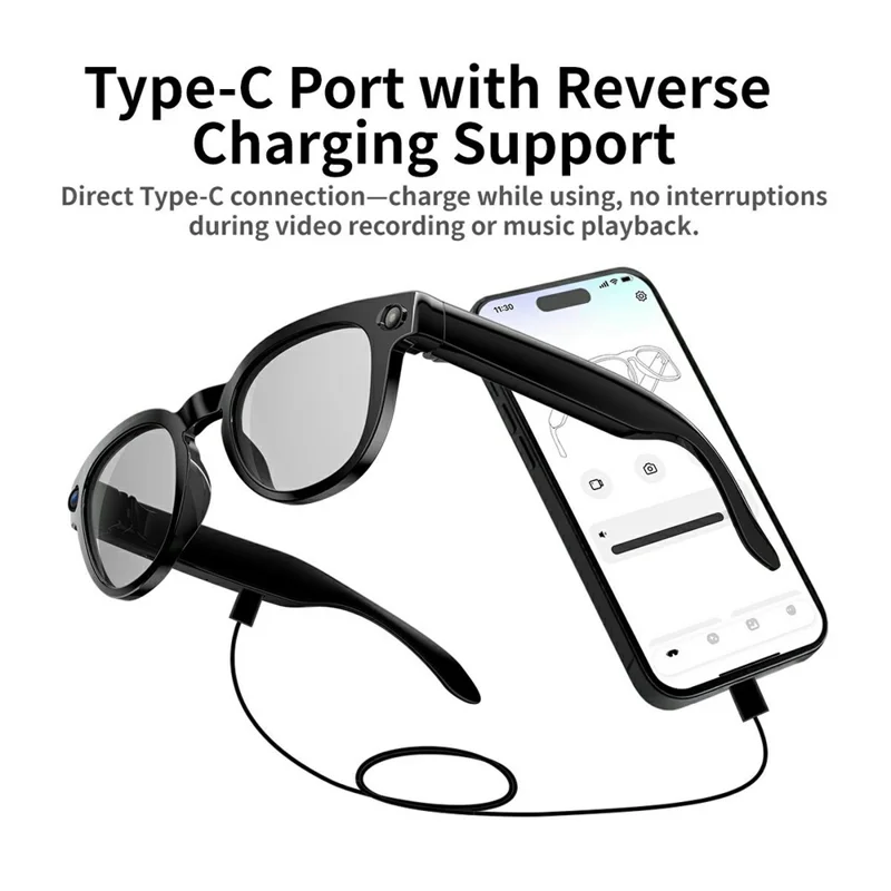 MT3 8MP Camera Smart Glasses IP65 Waterproof AI Translation Glasses Noise Reduction Hands-free Calling Eyewear - Black+Glossy