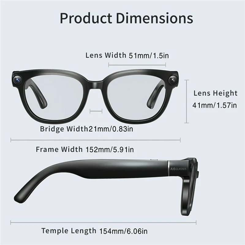 Occhiali Smart AI6 con Fotocamera 13MP 4K, Traduzione in Tempo Reale, Controllo Vocale con Lenti Auto-Cromatiche - Nero