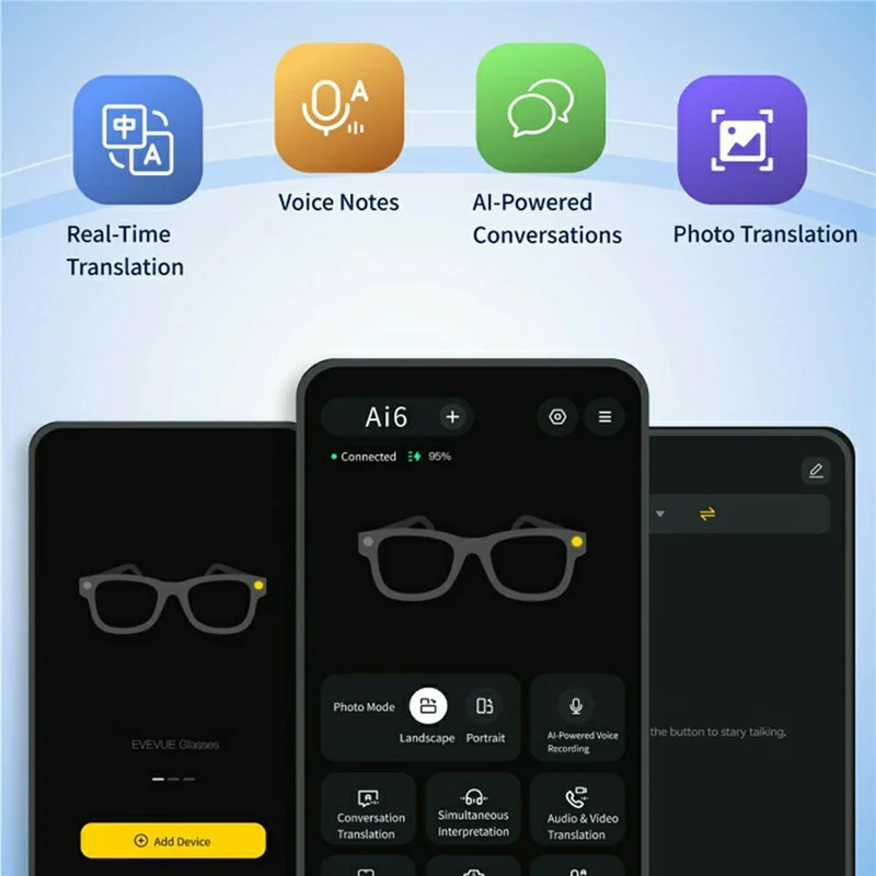 Occhiali Smart AI6 con Fotocamera 13MP 4K, Traduzione in Tempo Reale, Controllo Vocale con Lenti Auto-Cromatiche - Nero