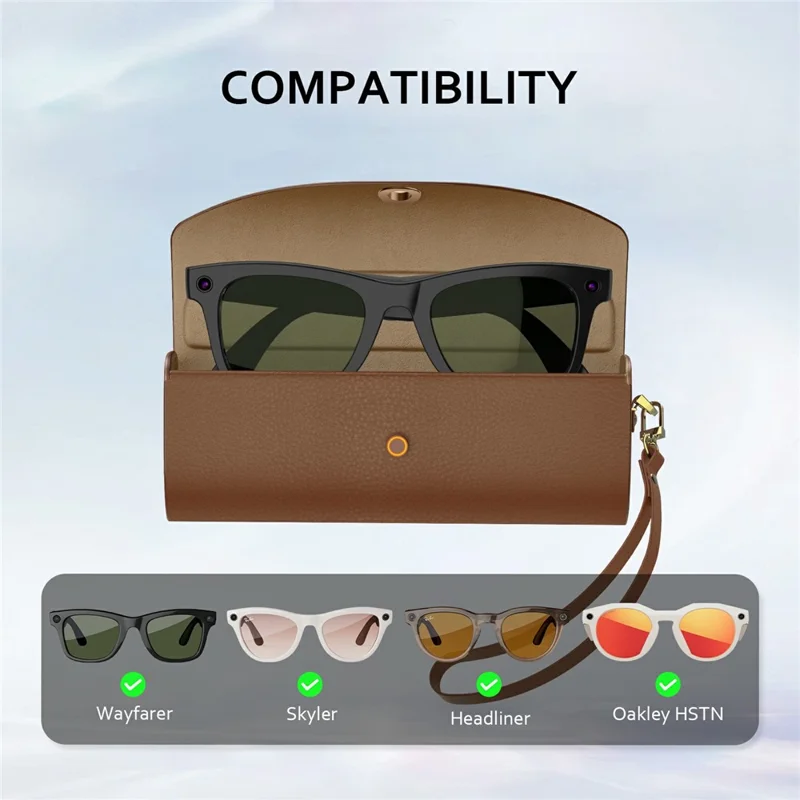 For Ray-Ban Meta Smart Glasses Charging Case PU Leather Portable Storage Box with 3500mAh Battery - Black  /  Brown  /  Blue