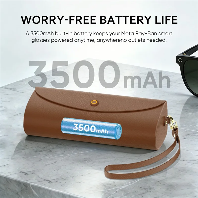 For Ray-Ban Meta Smart Glasses Charging Case PU Leather Portable Storage Box with 3500mAh Battery - Black  /  Brown  /  Blue
