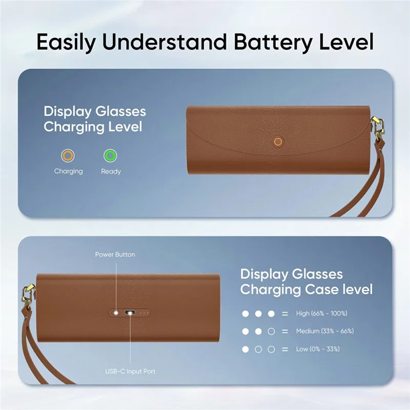 For Ray-Ban Meta Smart Glasses Charging Case PU Leather Portable Storage Box with 3500mAh Battery - Black  /  Brown  /  Blue