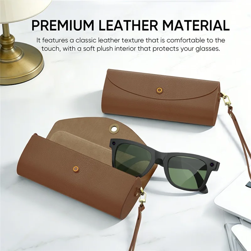 For Ray-Ban Meta Smart Glasses Charging Case PU Leather Portable Storage Box with 3500mAh Battery - Black  /  Brown  /  Blue