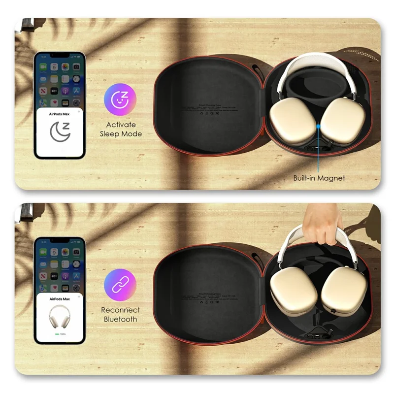 Smart Charging Case for AirPods Max 1st & 2nd Generation 5000mAh Magnetic Wireless Charger EVA Hard Shell Protective Storage Box