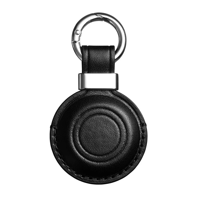 For Apple AirTag Tracker PU Leather Case Round Protective Cover with Metal Hook - Black