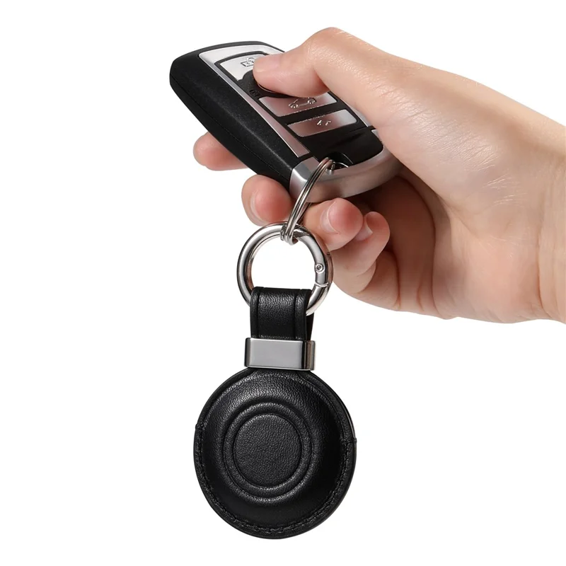 For Apple AirTag Tracker PU Leather Case Round Protective Cover with Metal Hook - Black